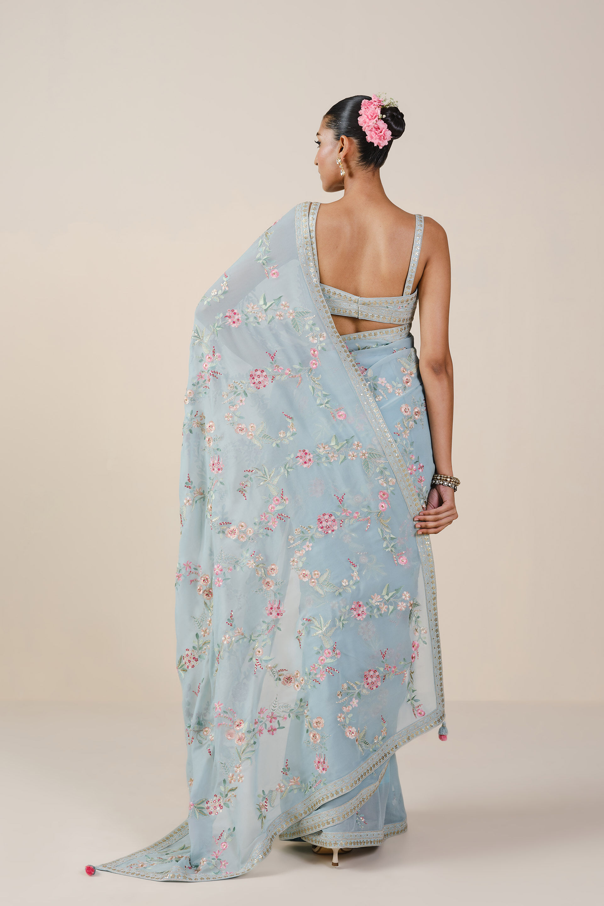 Dianthus Embroidered Georgette Saree, Powder Blue, image 3
